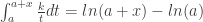{\int_{a}^{a+x} {k \over t} dt} = ln(a+x) - ln(a)